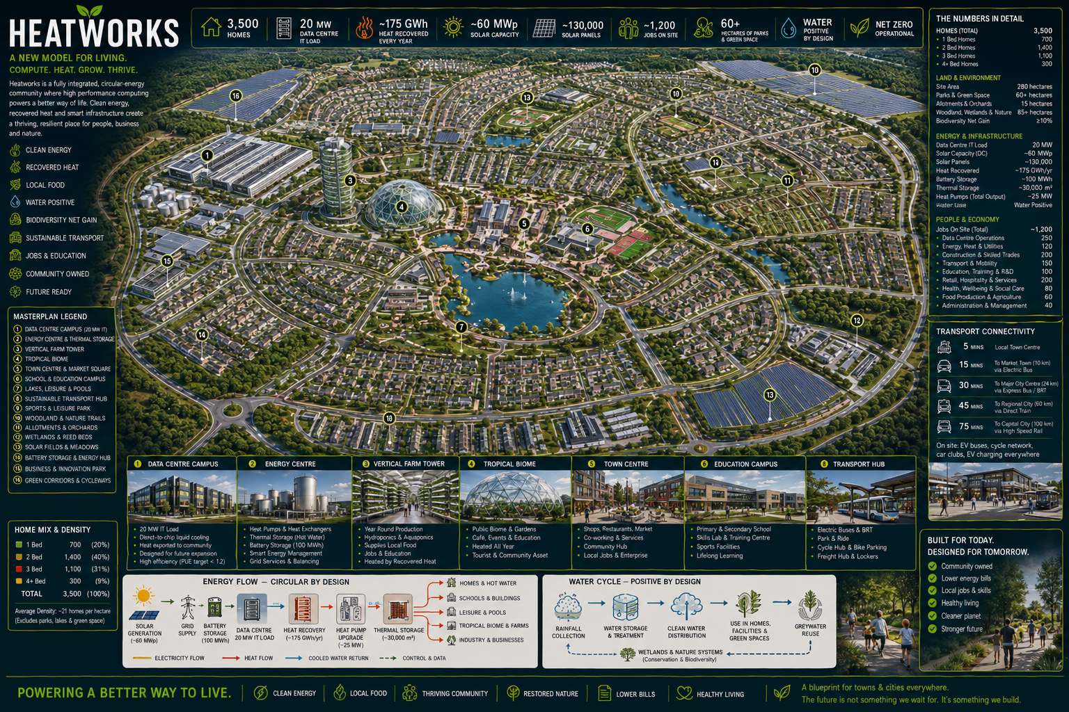 NewsDeck Heatworks conceptual masterplan showing a 3,500-home community organised around a 20MW data centre, district heat, solar, transport, farming and green space